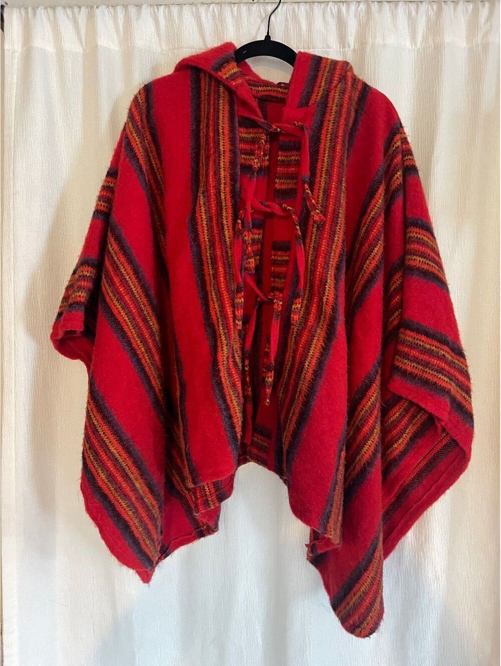 Vintage 70s European Red Striped Wool Blend Hooded Poncho/Cape with Tie Closures
